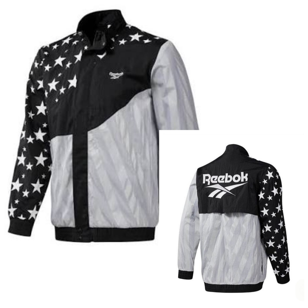 Retro Reebok Black and White Star Hush Track Jacket Windbreaker